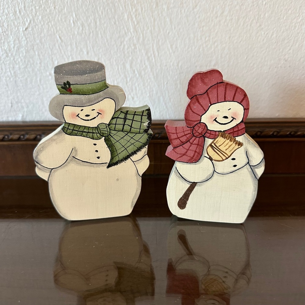 Vintage 1988 Hand Painted Wooden Snowman Shelf Decor Pair Signed Jean Folk Art